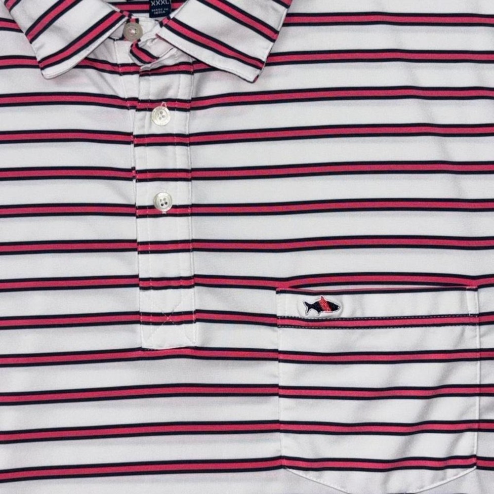 Fish Hippie Mens Polo Shirt XXXL Pink/White Striped Fish Logo Coastal 0026